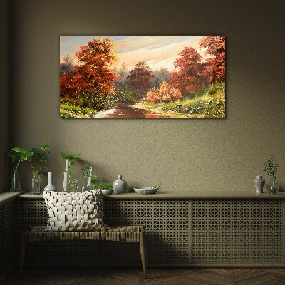 Autumn scenery with a river Glass art print