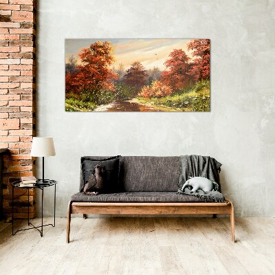 Autumn scenery with a river Glass art print