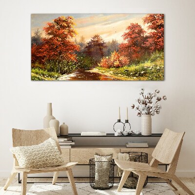 Autumn scenery with a river Glass art print