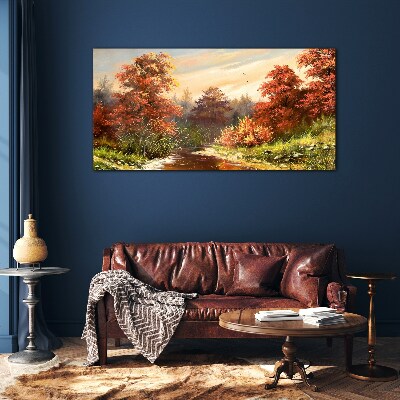 Autumn scenery with a river Glass art print