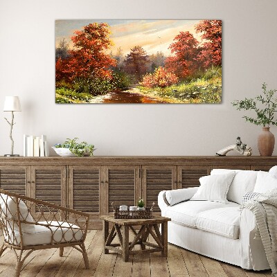 Autumn scenery with a river Glass art print