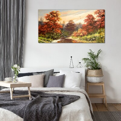 Autumn scenery with a river Glass art print