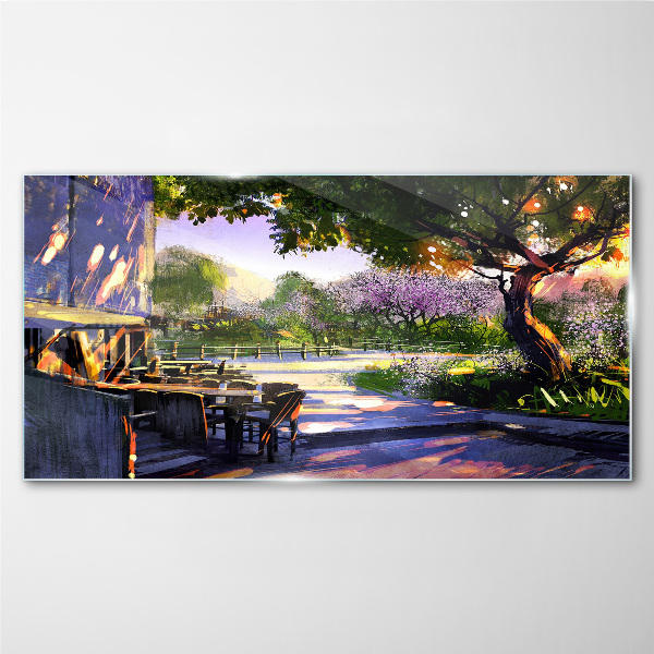 Spring landscape with flowering trees Wall art on glass