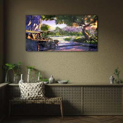 Spring landscape with flowering trees Wall art on glass