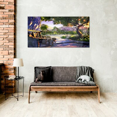 Spring landscape with flowering trees Wall art on glass