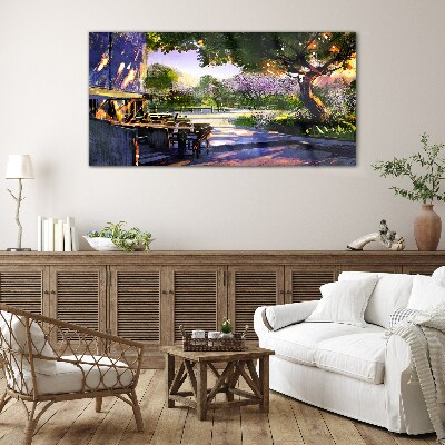 Spring landscape with flowering trees Wall art on glass