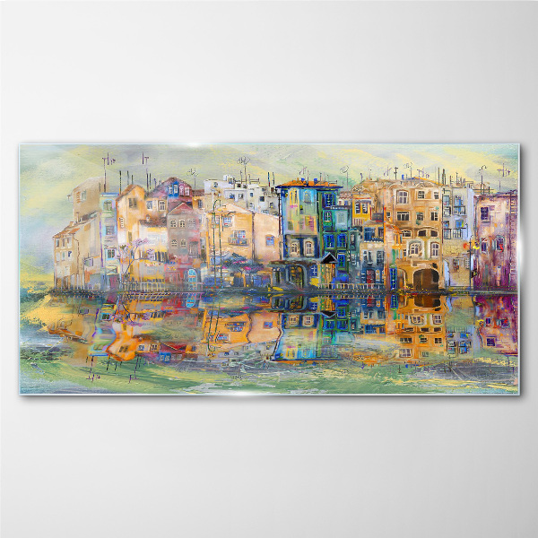 A colorful town by the water Glass art print