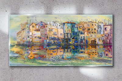 A colorful town by the water Glass art print