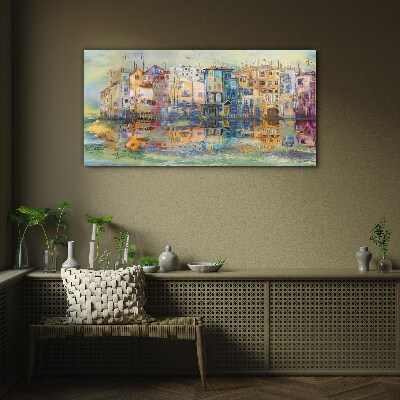A colorful town by the water Glass art print