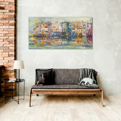 A colorful town by the water Glass art print