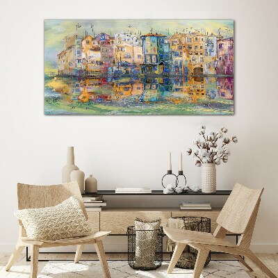 A colorful town by the water Glass art print