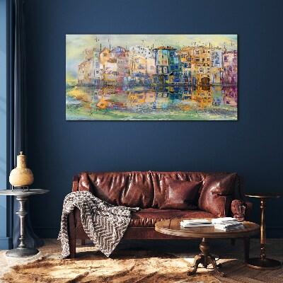 A colorful town by the water Glass art print