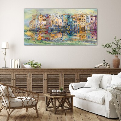 A colorful town by the water Glass art print