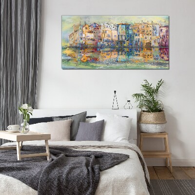 A colorful town by the water Glass art print