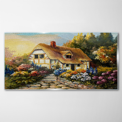 A charming country cottage in flowers Wall art on glass