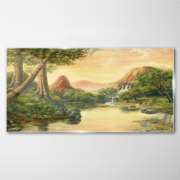 A peaceful landscape with a river and trees Wall art on glass