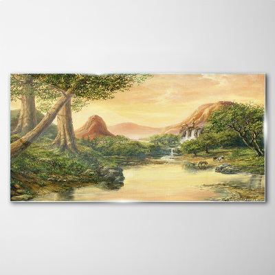 A peaceful landscape with a river and trees Wall art on glass