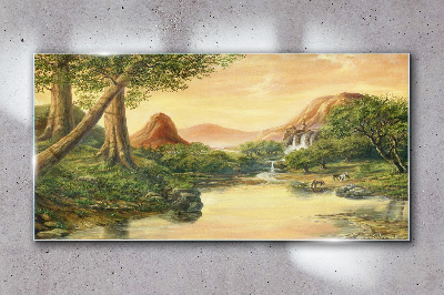 A peaceful landscape with a river and trees Wall art on glass