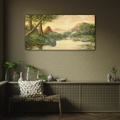 A peaceful landscape with a river and trees Wall art on glass
