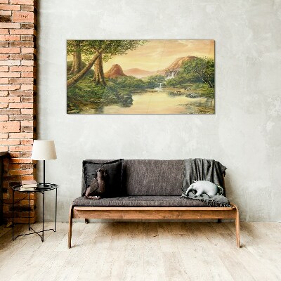 A peaceful landscape with a river and trees Wall art on glass