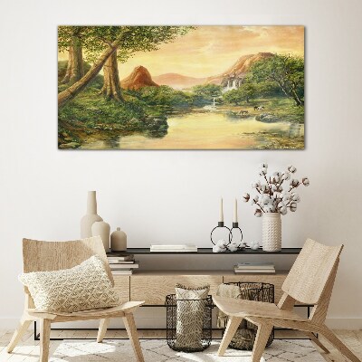 A peaceful landscape with a river and trees Wall art on glass