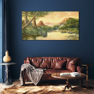 A peaceful landscape with a river and trees Wall art on glass