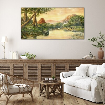A peaceful landscape with a river and trees Wall art on glass
