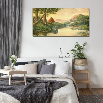 A peaceful landscape with a river and trees Wall art on glass