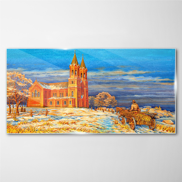 Winter landscape with a church Glass art print