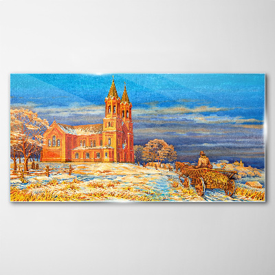 Winter landscape with a church Glass art print