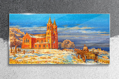 Winter landscape with a church Glass art print