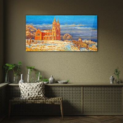 Winter landscape with a church Glass art print