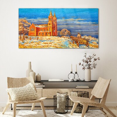 Winter landscape with a church Glass art print