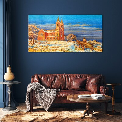 Winter landscape with a church Glass art print