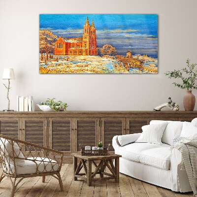 Winter landscape with a church Glass art print