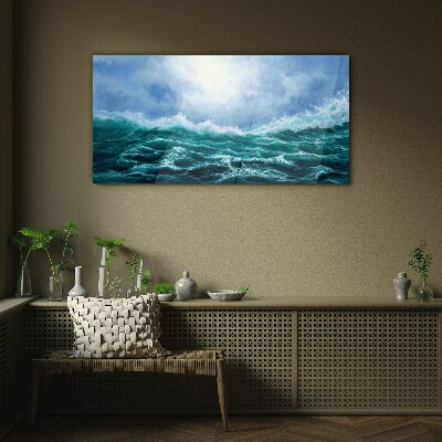 Stormy sea in shades of blue Wall art on glass