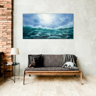 Stormy sea in shades of blue Wall art on glass