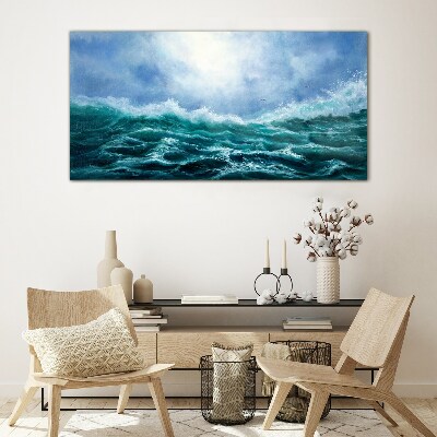Stormy sea in shades of blue Wall art on glass