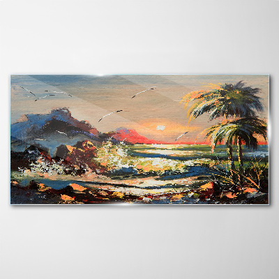 Tropical sunset over the sea Wall art on glass