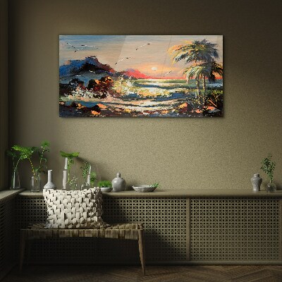 Tropical sunset over the sea Wall art on glass