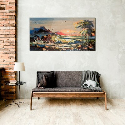 Tropical sunset over the sea Wall art on glass