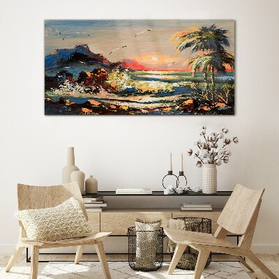 Tropical sunset over the sea Wall art on glass