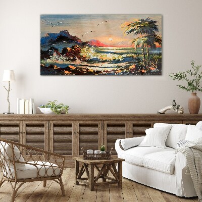 Tropical sunset over the sea Wall art on glass