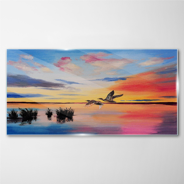 Sunset over the lake Wall art on glass