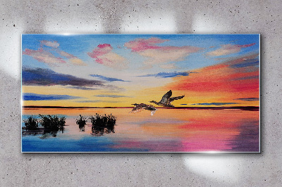 Sunset over the lake Wall art on glass