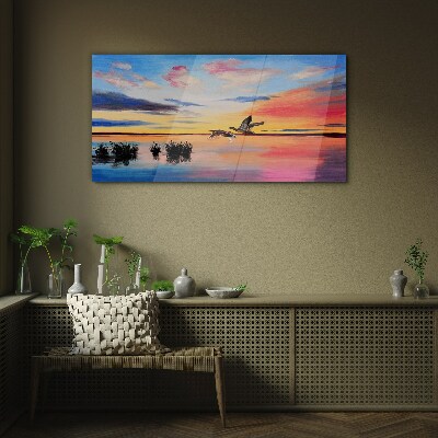 Sunset over the lake Wall art on glass
