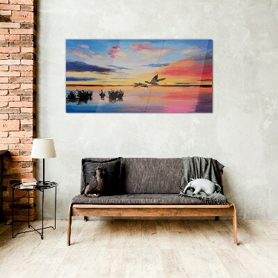 Sunset over the lake Wall art on glass
