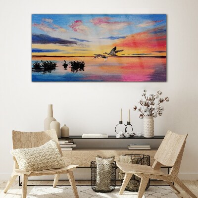 Sunset over the lake Wall art on glass