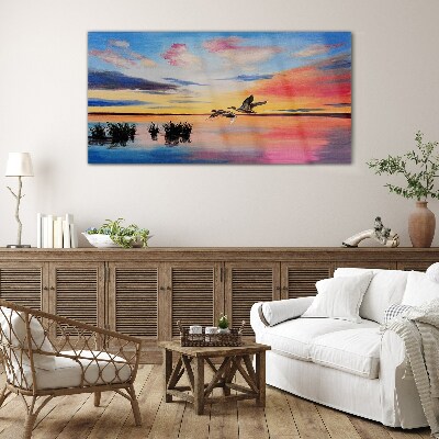 Sunset over the lake Wall art on glass