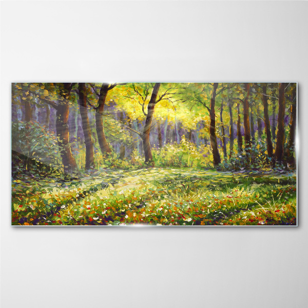 Golden light in the forest grove Glass art print